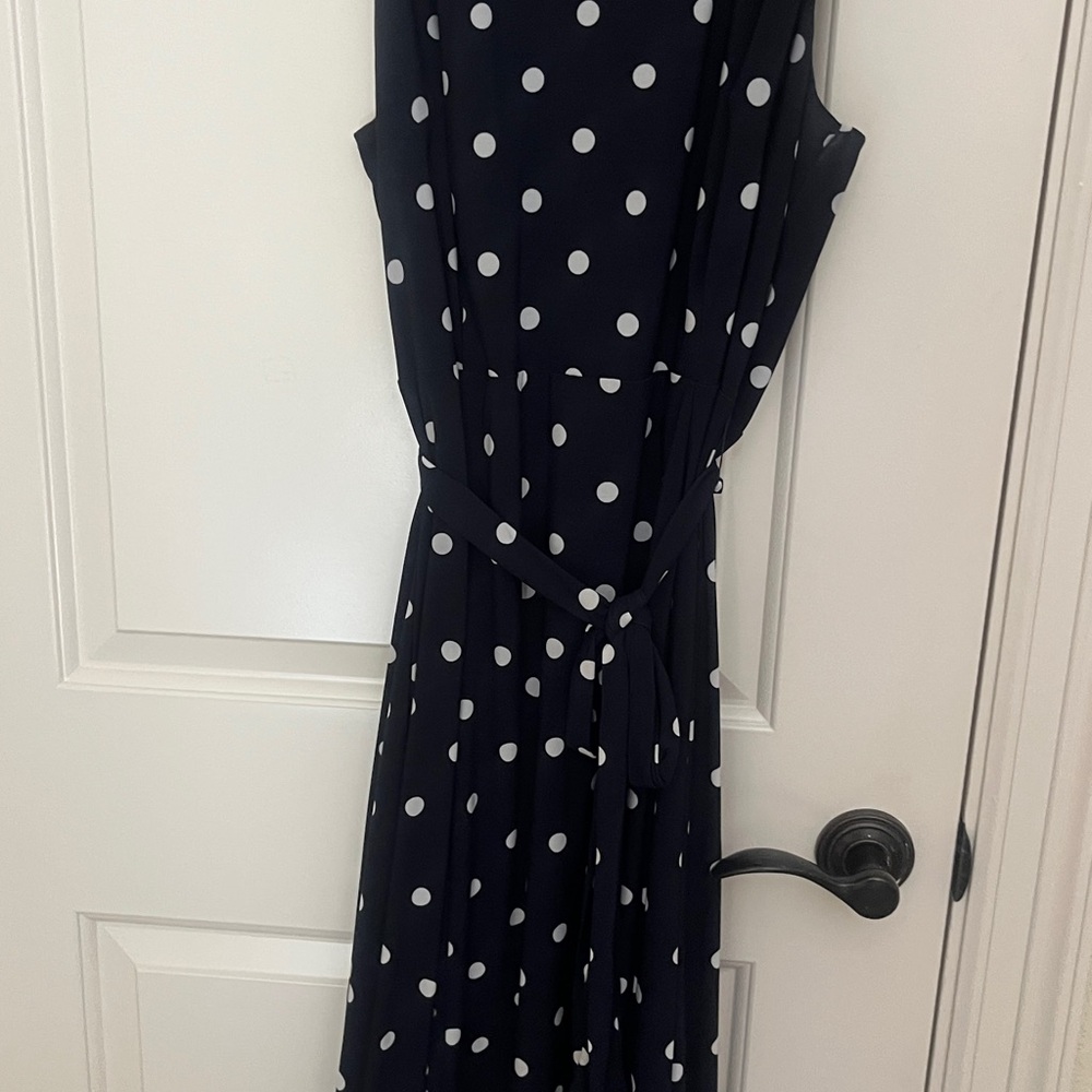 Polka Dot Sleeveless Dress - navy and White